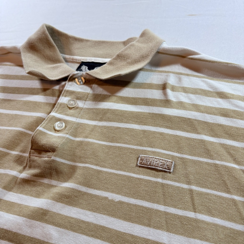 Avirex Mens Large Tan White Striped Cotton Pique Short Sleeve Polo Shirt L